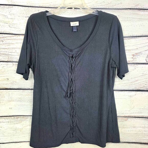 Daytrip Black Ribbed Lace-Up Front Top Large - Picture 1 of 6